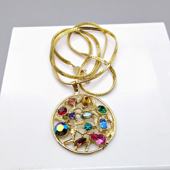 Glitz and Glam Medallion Pendant Necklace on Gold Tone Herringbone Chain - Picture 3 of 6